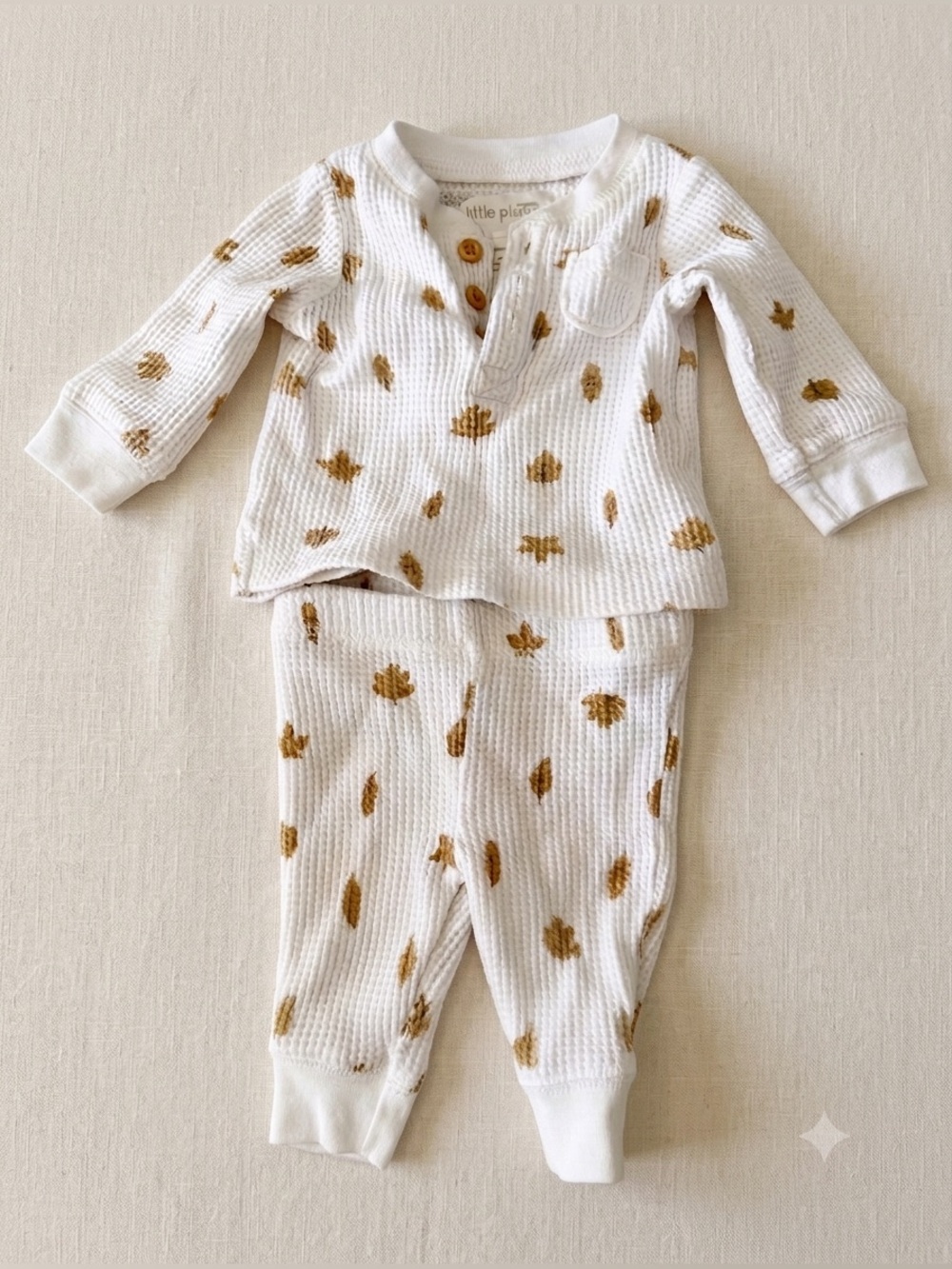 Organic Cotton Little Planet White Waffle Knit Set with Brown Leaf Print